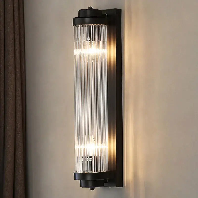 Modern gold crystal wall lamp with black frame and vertical ribbed glass panels for bedroom decorbites crystal wall use