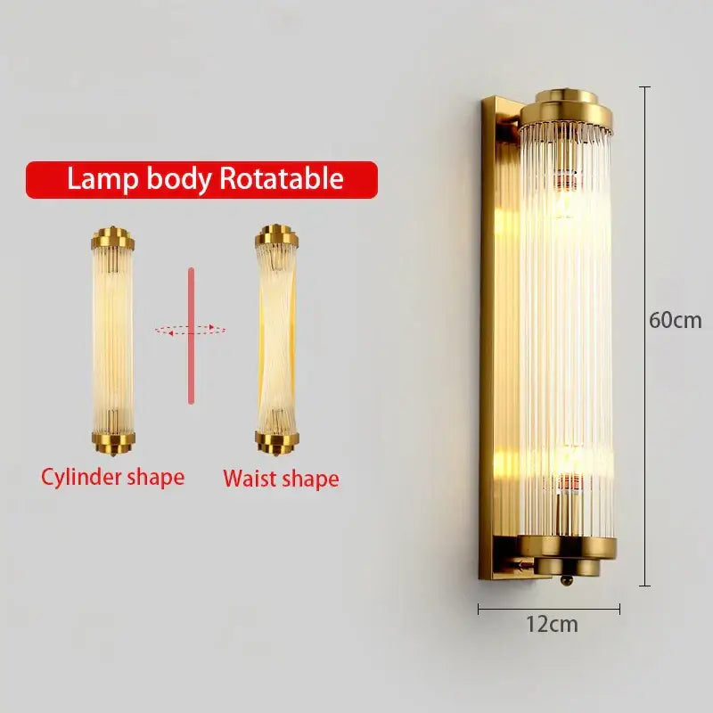 Modern gold crystal wall lamp with adjustable cylindrical glass shade featuring vertical ridges for bedroom decorbites crystal wall lighting