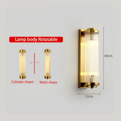 Modern gold crystal wall lamp featuring a gold-finished adjustable lamp head with ridged glass rods for bedroom decorbites crystal wall