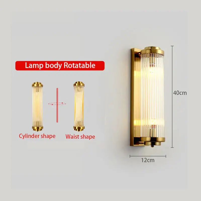 Modern gold crystal wall lamp featuring a gold-finished adjustable lamp head with ridged glass rods for bedroom decorbites crystal wall
