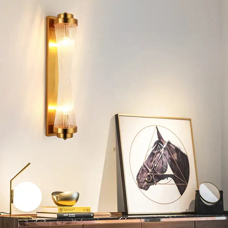 Modern gold crystal wall lamp with textured translucent glass shade and vertical ridges for bedroom decorbites crystal wall lamp