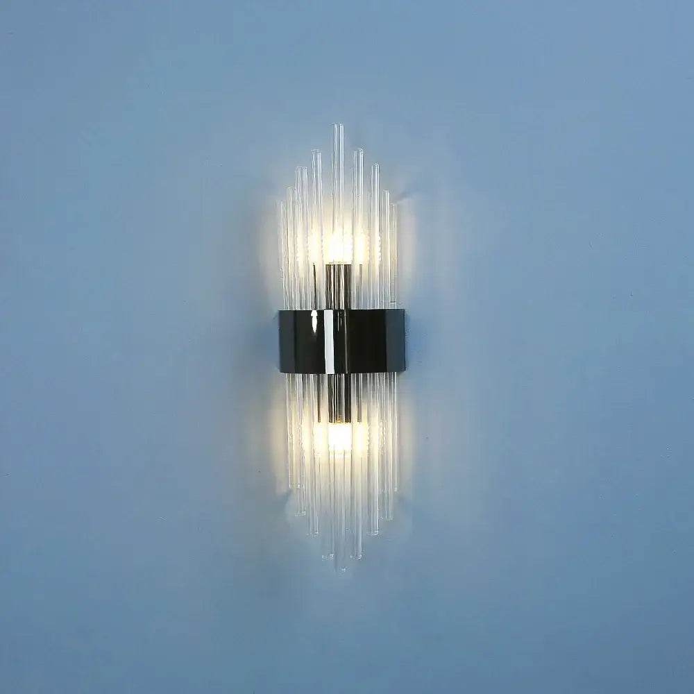 Modern gold crystal wall lamp with sleek black rectangular base and vertical clear glass rods for bedroom decorbites crystal wall lamp