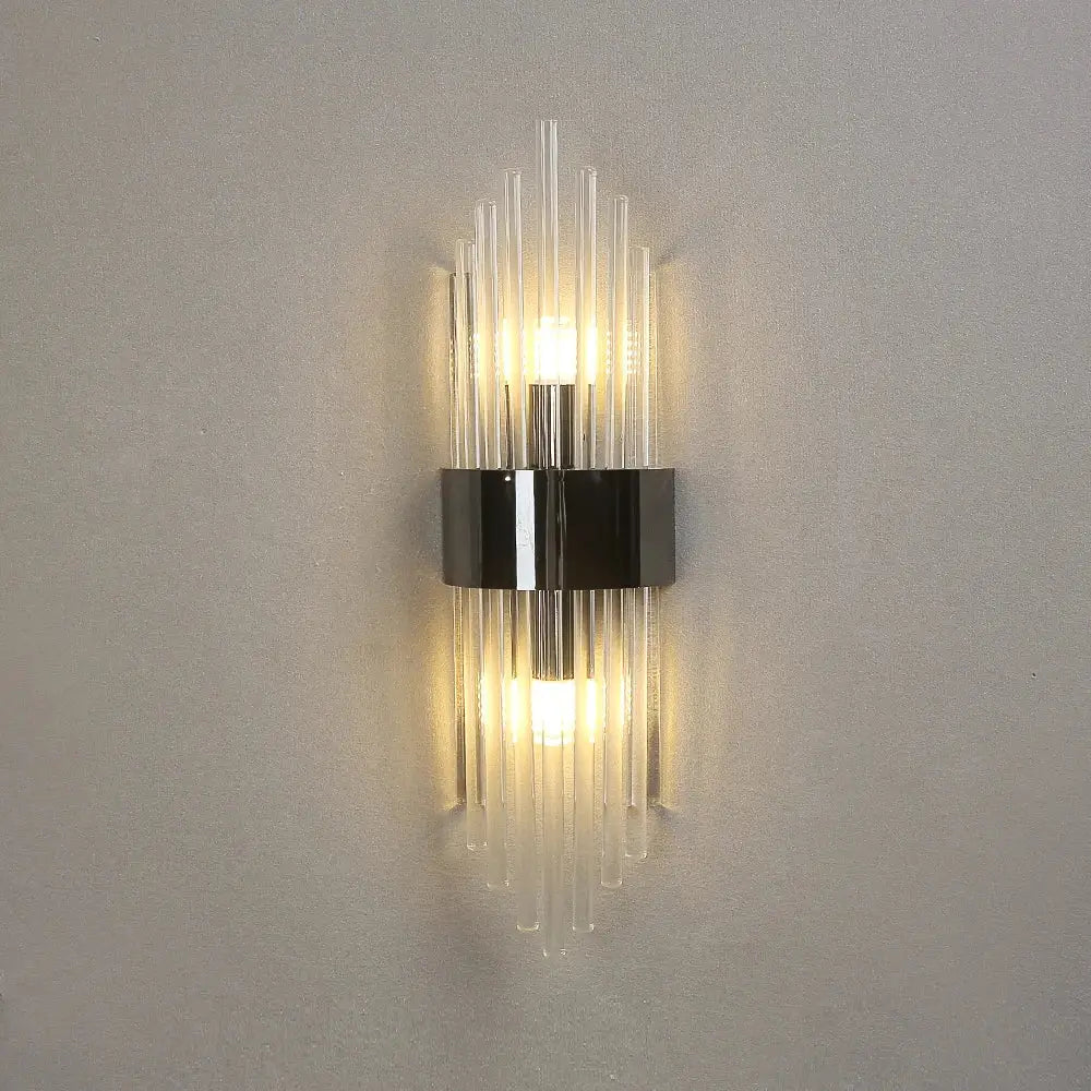 Modern gold crystal wall lamp with clear glass rods radiating from a sleek chrome bar for bedroom decorbites crystal wall lamp