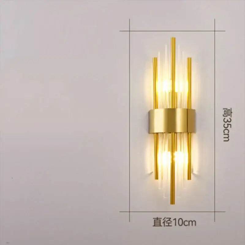 Modern gold crystal wall lamp featuring five vertical glass rods and a central metallic band for bedroom decorbites crystal wall lighting