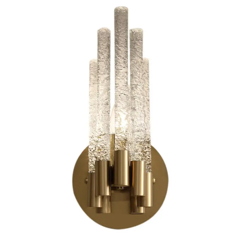 Modern gold crystal wall lamp featuring five textured translucent glass rods for elegant living room decorbites crystal wall lamp