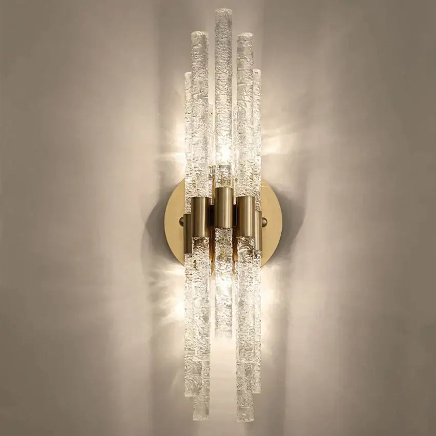 Modern gold crystal wall lamp with clear textured glass rods and metal base for elegant living room decorbites crystal wall lamp