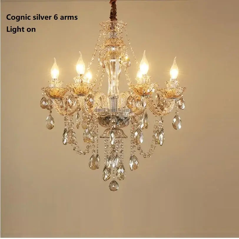 Cognic silver six-armed chandelier with crystal droplets and candle-style bulbs for modern home decorbites crystal chandeliers