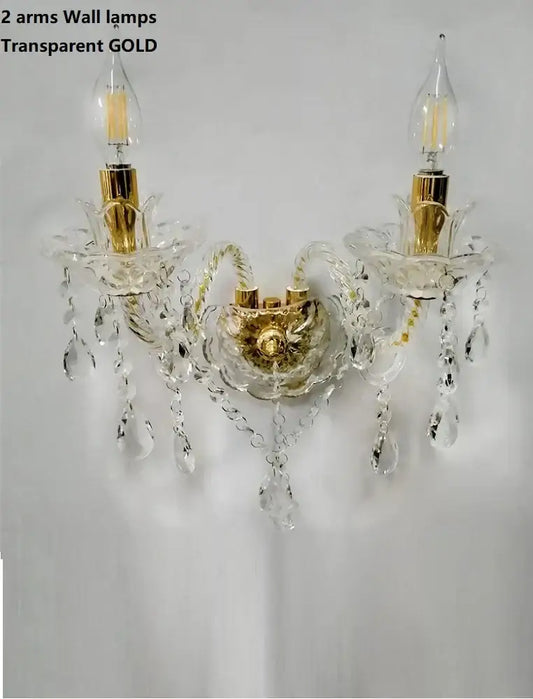 Elegant two-armed modern gold crystal wall lamp with transparent crystal arms and teardrop crystals decorbites crystal chandeliers
