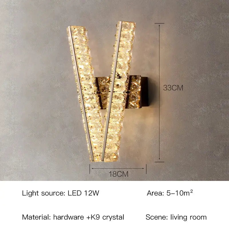 Modern gold decorbites crystal wall lamp with v-shaped k9 crystal and led light for elegant living room lighting