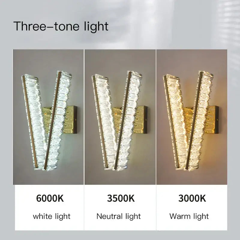 Modern gold crystal wall lamp with v-shaped textured glass panels and sleek metallic frame for elegant living room decorbites crystal wall lighting