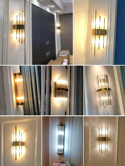 Modern gold crystal wall lamp with vertical glass rods designed as a brass crystal wall sconce for living rooms