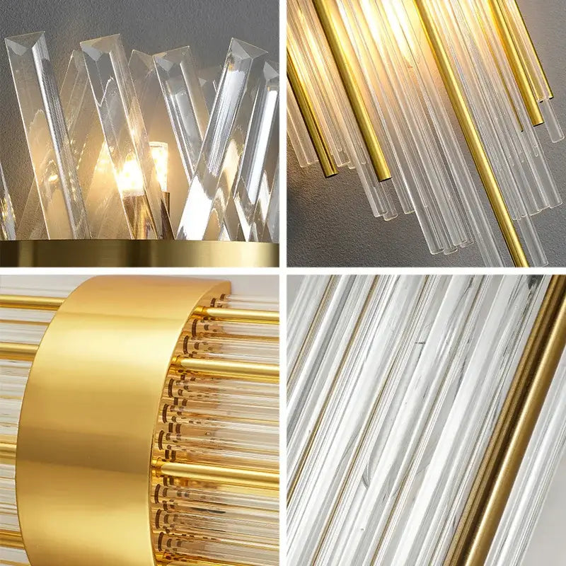 Modern gold crystal wall lamp featuring clear faceted glass rods and polished metal accents for living room decor
