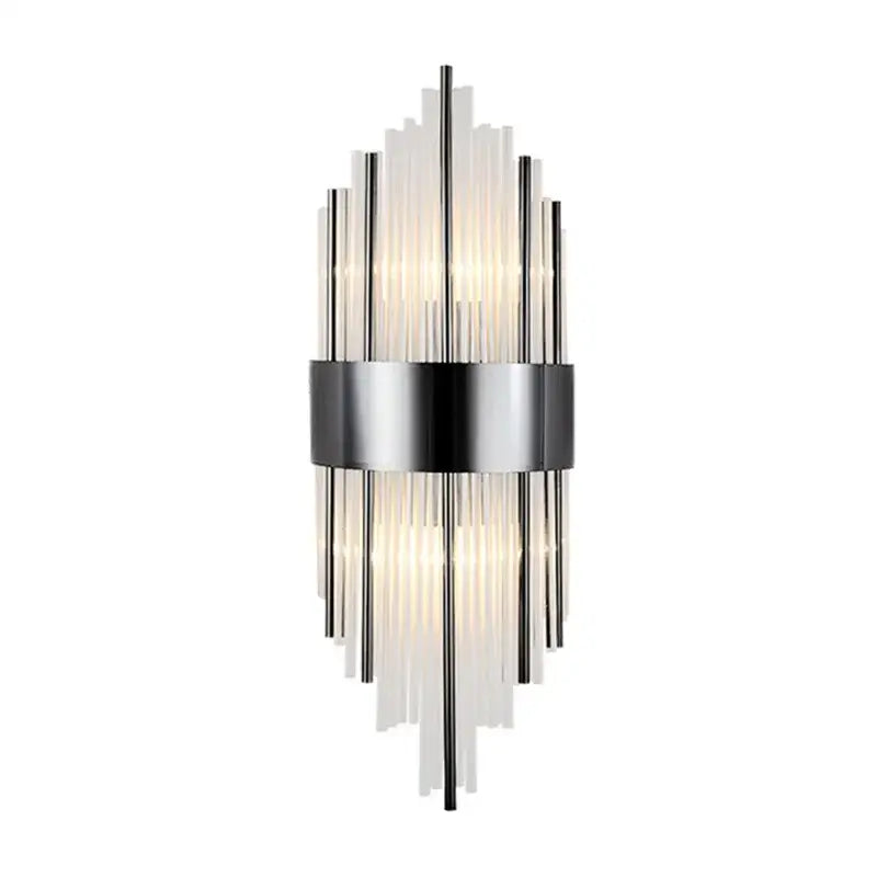 Modern gold crystal wall lamp featuring a sleek chrome frame and translucent glass rods in an elegant crystal wall design