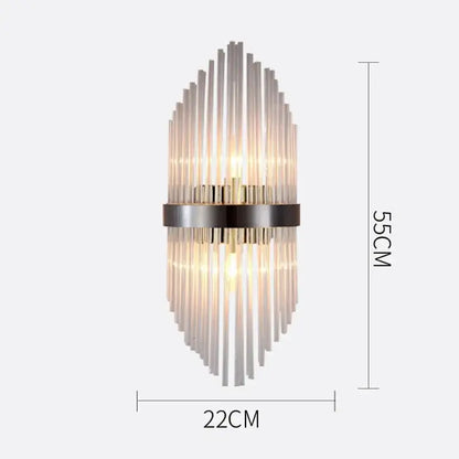 Modern gold crystal wall lamp with sleek metallic frame and translucent glass rods in an elegant radial pattern wall sconce