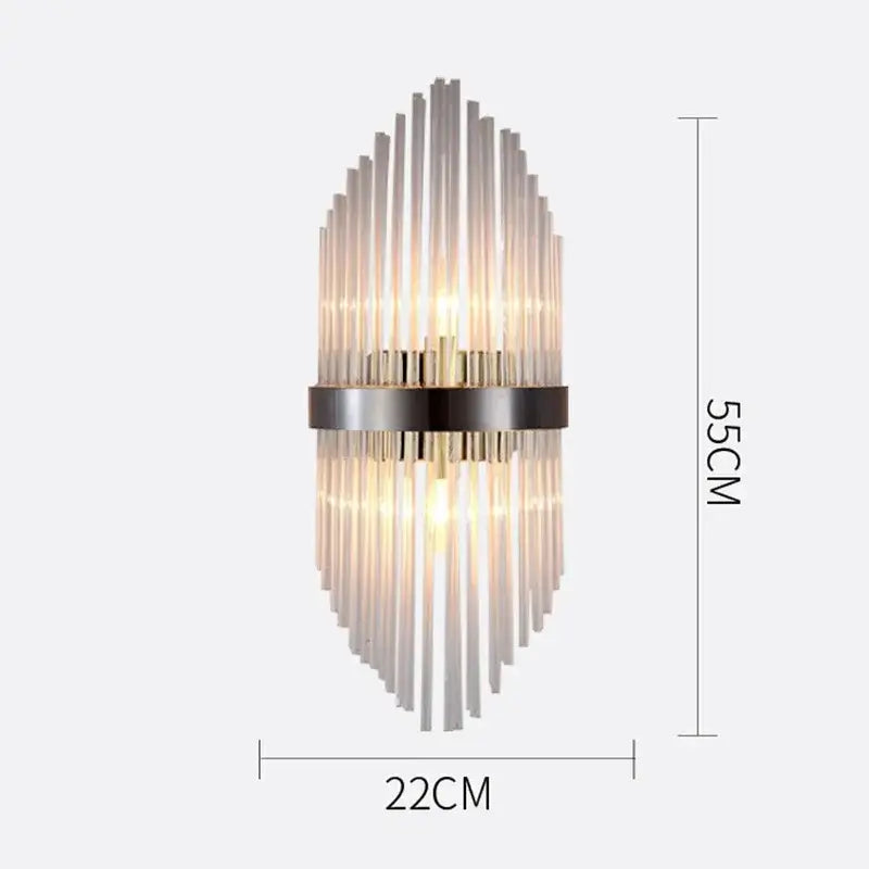Modern gold crystal wall lamp with sleek metallic frame and translucent glass rods in an elegant radial pattern wall sconce