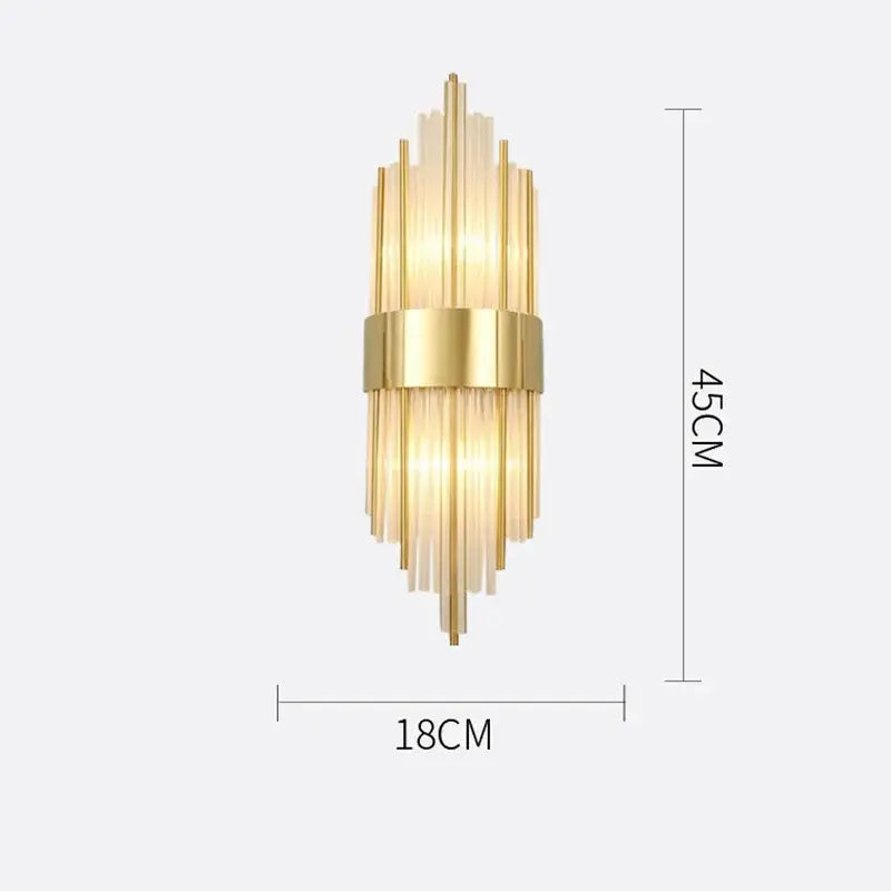 Modern gold crystal wall lamp with vertical glass rods and central metallic band for living room crystal wall sconce