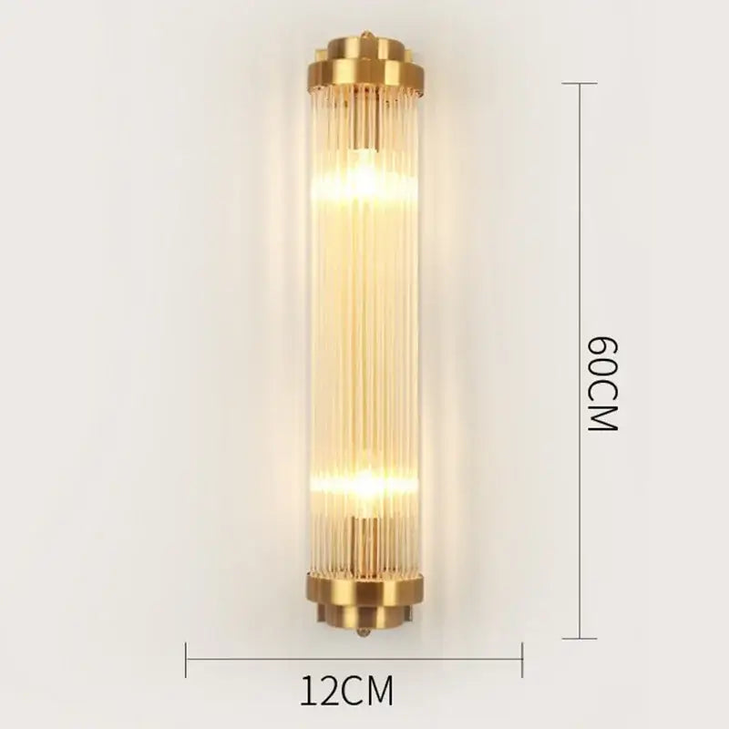 Modern gold crystal wall lamp featuring vertical glass rods and a sleek design for living room wall lamp use