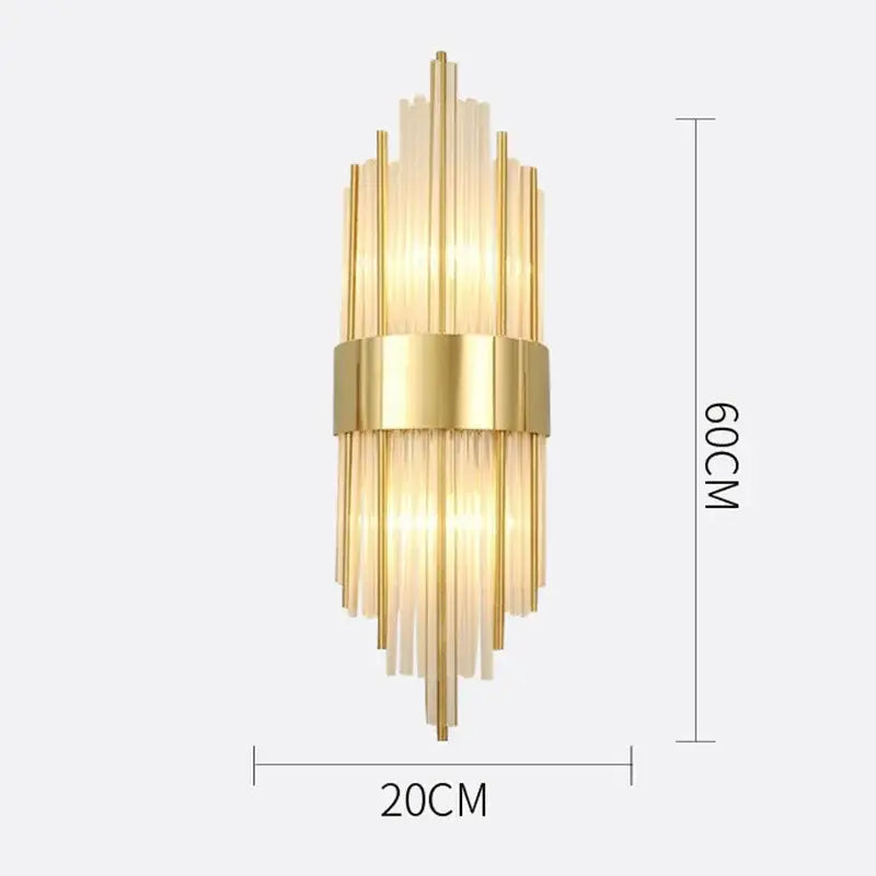 Modern gold crystal wall lamp featuring vertical glass rods and a central metallic band for elegant living room decor