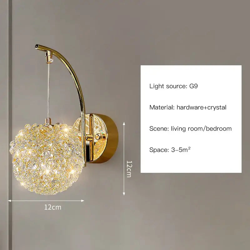 Modern gold crystal wall lights sconce with spherical crystal cluster on arched metal arm for bedroom night light decorbites crystal wall