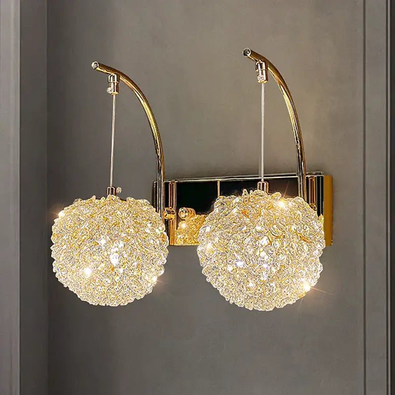 Modern gold crystal wall lights sconce with two sparkling globe shades perfect for bedroom night light decorbites crystal wall