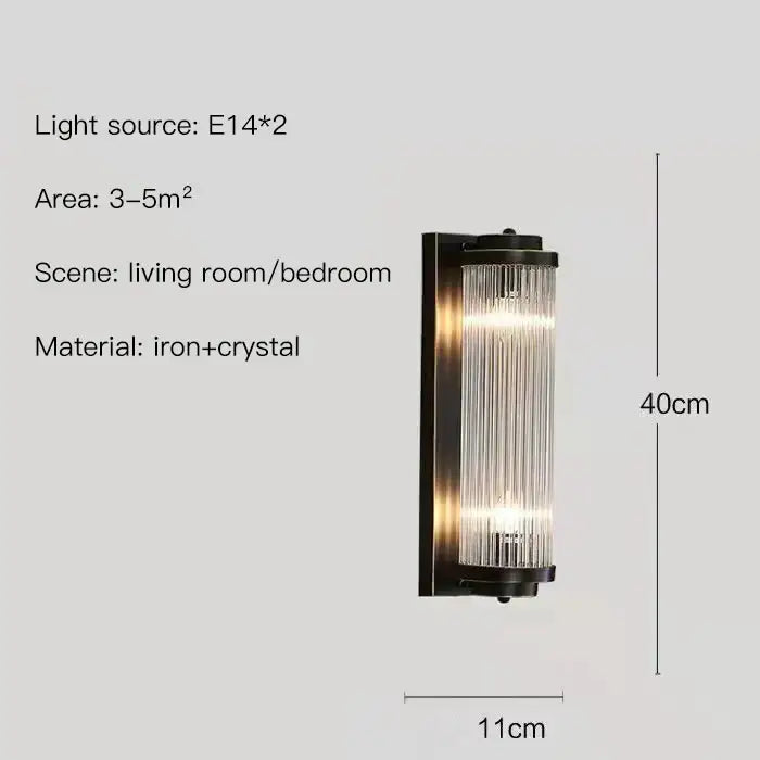 Modern gold decorbites crystal wall sconce with dark iron frame and vertical glass rods for bedroom lighting decor
