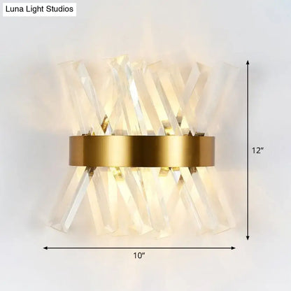Modern gold crystal wall sconce with clear faceted crystal rods in a radial pattern for bedroom wall mount lamp