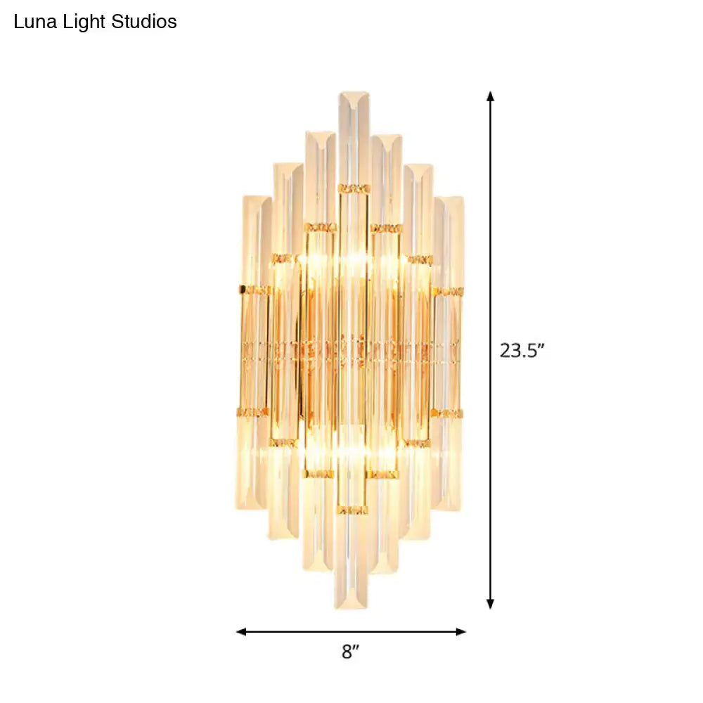 Modern gold crystal wall sconce with vertical glass rods and warm glow for living space 110v-120v lighting