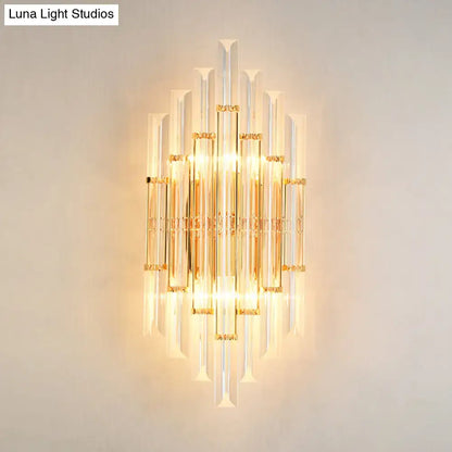 Modern gold crystal wall sconce with clear glass rods and warm lighting for living space 110v-120v use