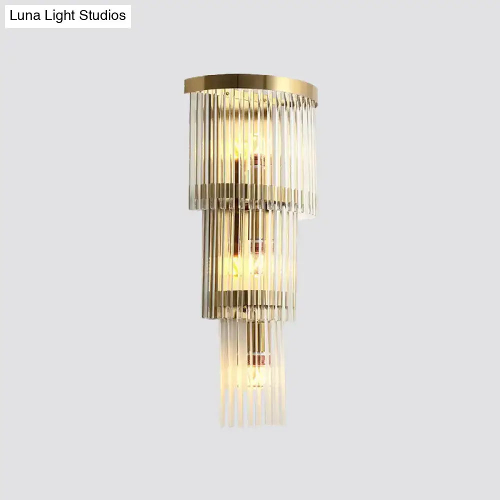 Modern gold crystal wall sconce with tiered glass rods for living space lighting 110v-120v power compatible