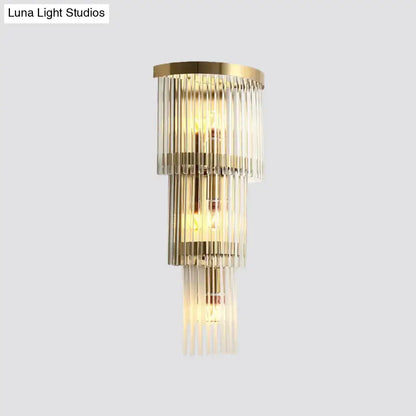 Modern gold crystal wall sconce with tiered glass rods for living space lighting 110v-120v power compatible