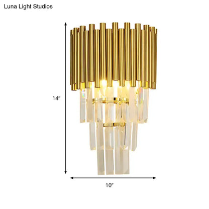 Gold-finished modern wall sconce with cascading crystal prisms e14 light type compatible with led incandescent fluorescent bulbs
