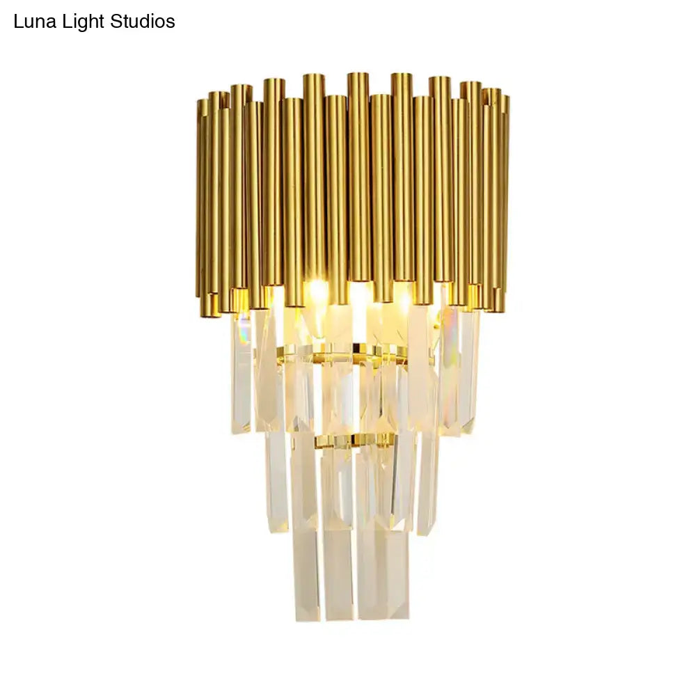 Modern gold crystal wall sconce with vertical crystal rods and faceted glass for e14 light type incandescent led use