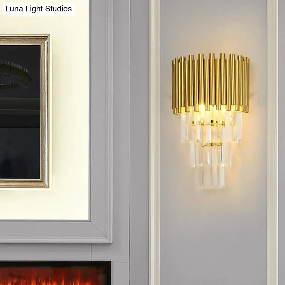 Modern gold crystal wall sconce with vertical cylindrical rods and clear crystals e14 light type for living room lighting