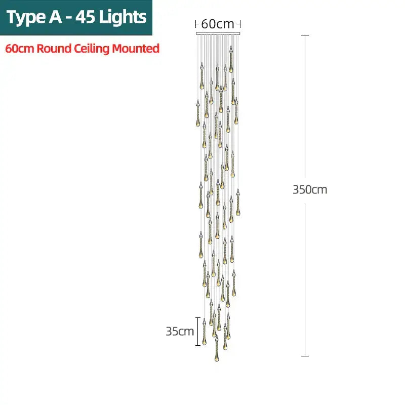 Elegant 60cm gold crystal water drop chandelier with 45 teardrop pendants for modern bedroom decorbites crystal water lighting