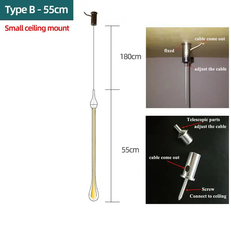 Silver metallic ceiling-mounted pendant light with adjustable telescopic cable part for decorbites crystal water drop chandelier