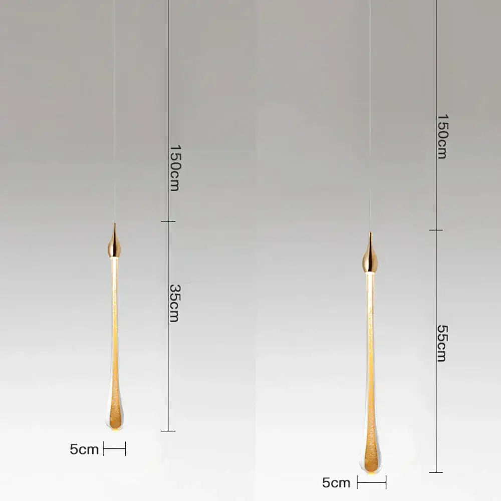 Modern gold crystal water drop chandelier pendant light featuring a sleek gold-toned teardrop glass with polished tip