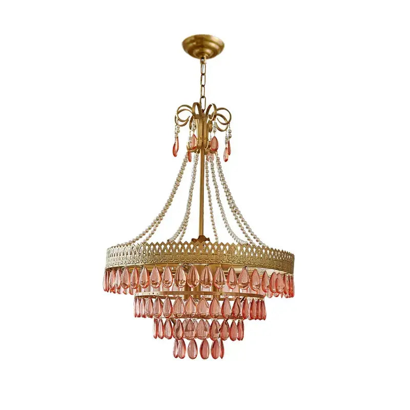 Modern gold crystal water drop chandelier with pink glass beads and decorbites crystal water drop accents for foyer decor