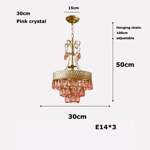 Modern gold crystal water drop chandelier with pink glass beads and a delicate gold-toned adjustable hanging chain