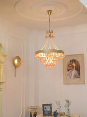 Modern gold crystal water drop chandelier with pink glass beads featuring decorbites crystal water drop design