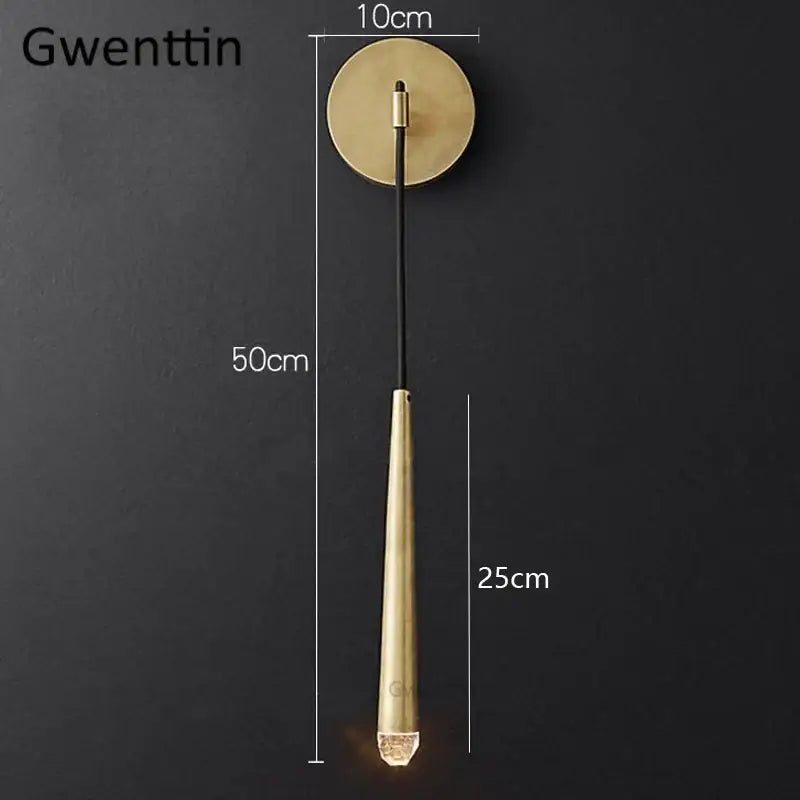 Gwenttin modern gold crystal water drop wall sconce with brass stem and faceted crystal base for bedroom decorbites crystal water