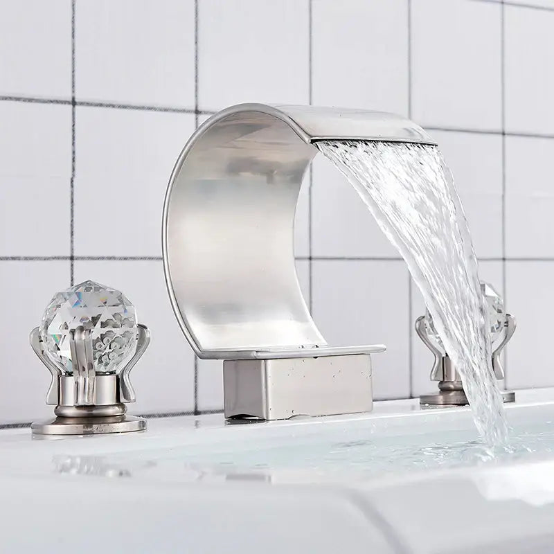 Modern gold crystal waterfall basin faucet with stainless steel body and crystal knob handles for bathroom sink decorbites crystal waterfall basin faucet