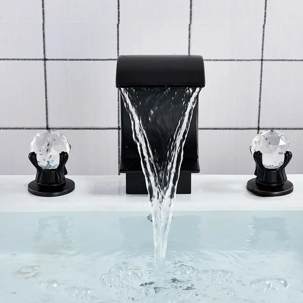 Modern black basin faucet with crystal knob handles decorbites crystal waterfall basin for bathroom sink use