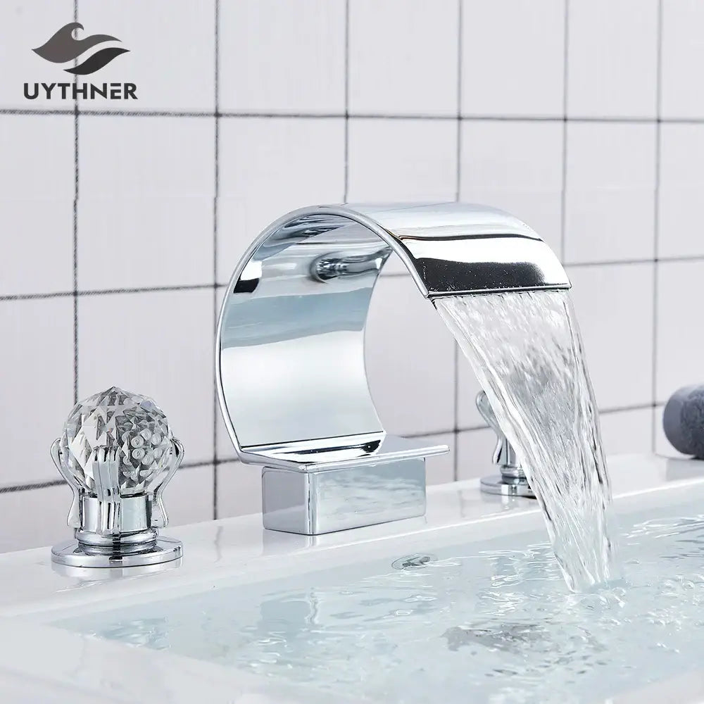Modern gold crystal waterfall basin faucet with chrome finish curved spout and decorbites crystal waterfall knob handles