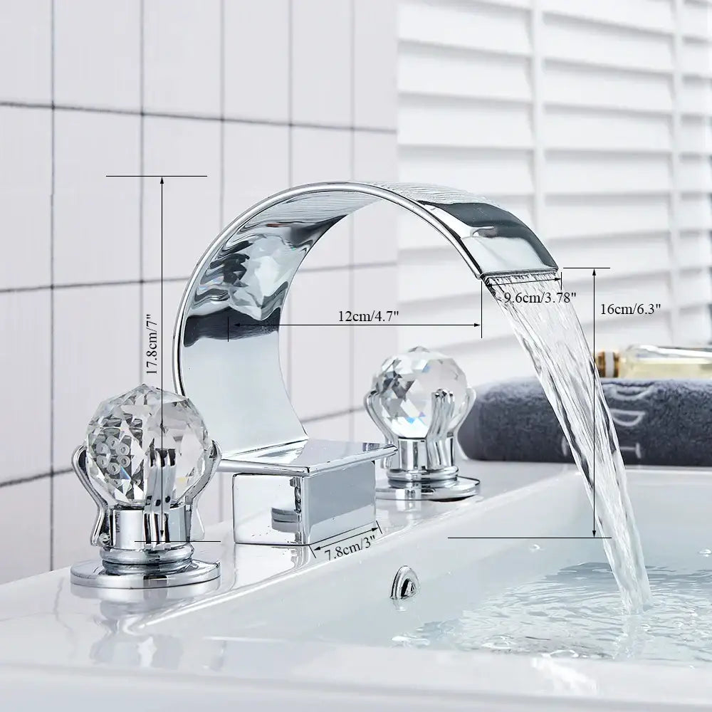 Modern gold decorbites crystal waterfall basin faucet with chrome finish, crystal knobs, and curved spout for bathroom sink tap