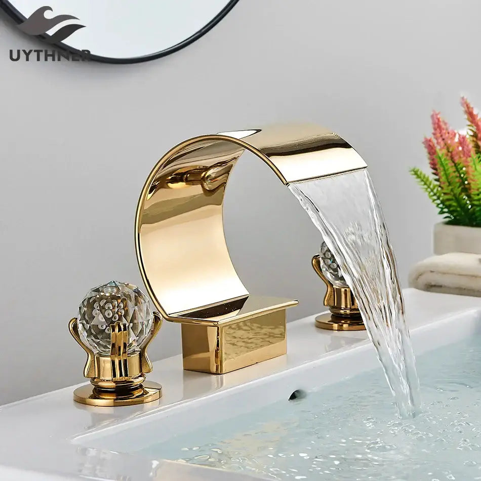 Modern gold crystal waterfall basin faucet with crystal knobs for bathroom sink by decorbites crystal waterfall design
