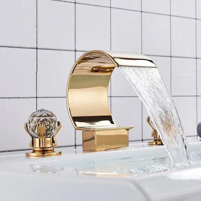 Modern gold crystal waterfall basin faucet with sleek curved design and crystal knobs for bathroom sink decorbites crystal waterfall
