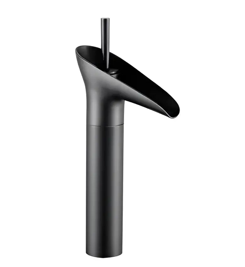 Black matte-finish basin faucet with modern waterfall design for decorbites crystal wine glass bathroom use