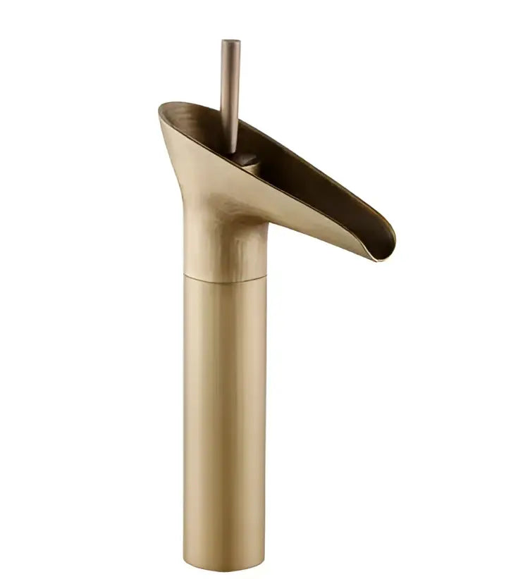 Modern gold brass basin faucet with sleek cylindrical spout for decorbites crystal wine glass bathroom waterfall design
