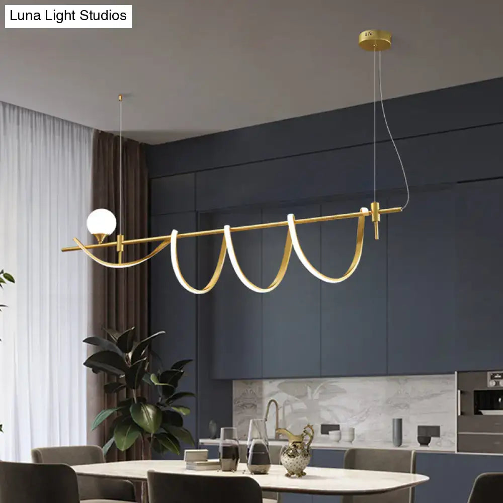 Modern gold curve island led pendant light with sleek curved design and integrated glass ball bulb for kitchen use