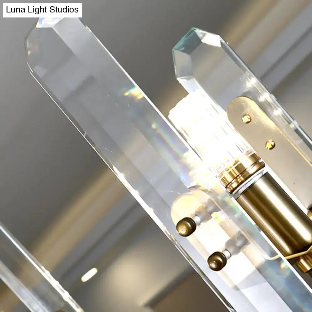 DecorBites™ modern gold curved arm island lighting with clear crystal prism chandelier and geometric design